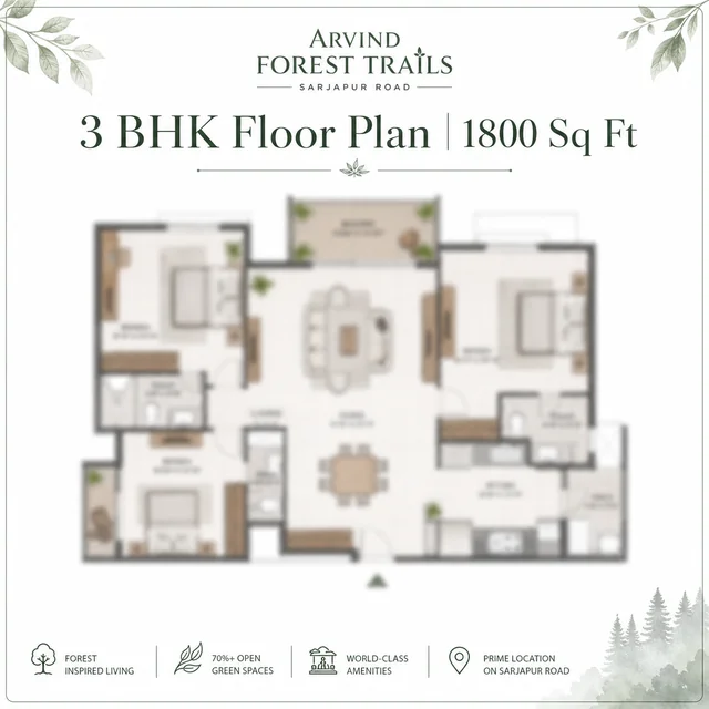 Arvind Sarjapur Road 3 BHK Premium floor plan - 1,800 sqft saleable